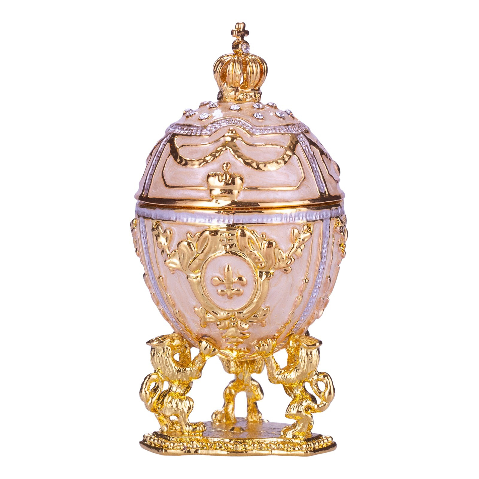 Huevo de Pascua de estilo glamuroso / caja de joya con leones y corona del emperador 7,5 cm crema