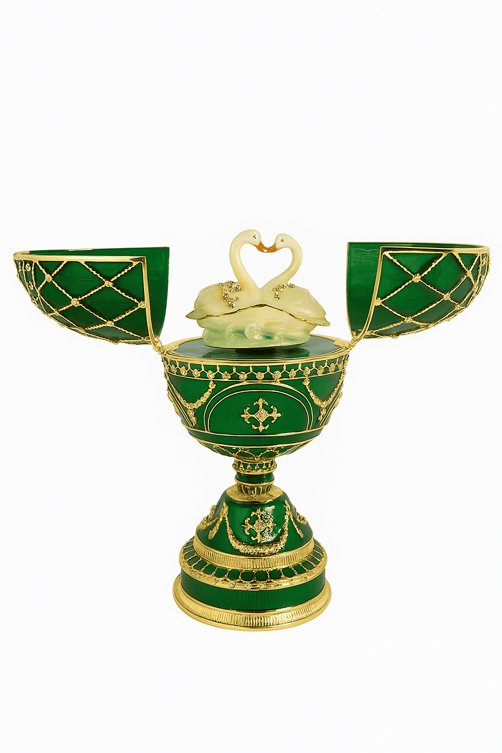 Glamorous style Easter Egg / Music Box / Trinket Jewel Box with Two Swans 6.8'' (17 cm) green